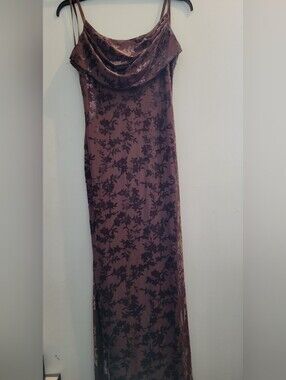 Bobbles & Lace: Cowl-Neck Maxi Dress in Deep Brown Floral